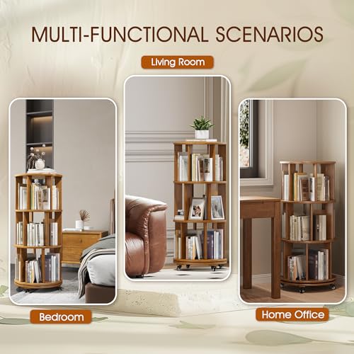 6 Tier Rotating Bookshelf Tower with Swivel Wheels, Solid Wood, Walnut B588
