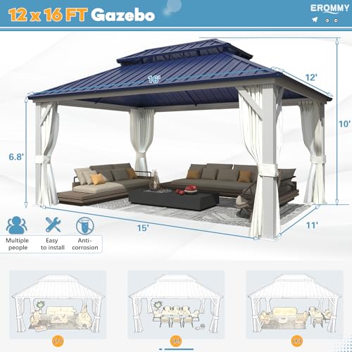 EROMMY 14'x20' Hardtop Gazebo Double Roof Galvanized Steel Outdoor Pavilion G3084