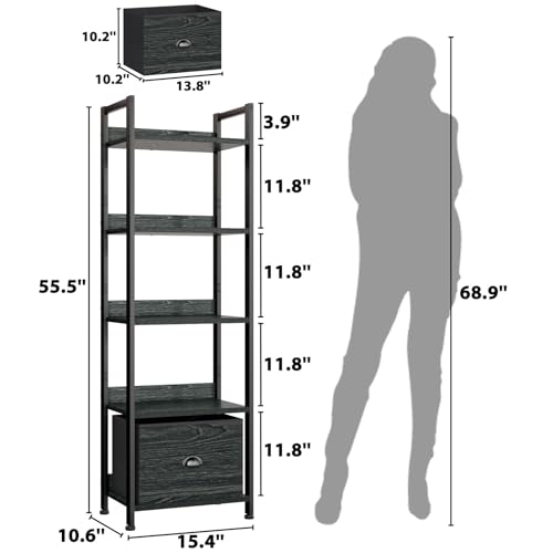 Furologee 5 Tier Bookshelf with Drawer, Industrial Tall Narrow Bookcase, Black T883828