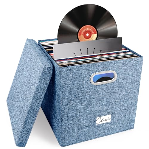 Vinyl Record Storage Box for 50 LPs, Stackable Linen Crate with Lid P294298