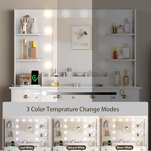 White Vanity Desk with Mirror and Lights, Charging Station and Stool Z6519