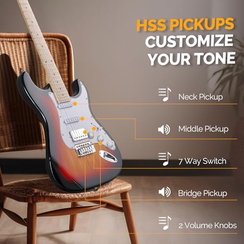 GLARRY Electric Guitar 39" Full Size with HSS Pickup, 20W Amp and Accessories Pack F820042