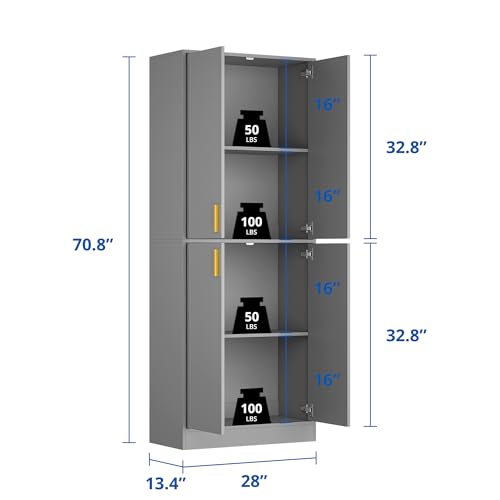 Cozy Castle 71" Tall Kitchen Pantry Cabinet with Doors and Shelves, Gray R70739