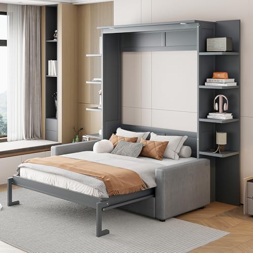 PURLOVE Queen Murphy Bed with Sofa, Wood Slat Support, Gray E27008