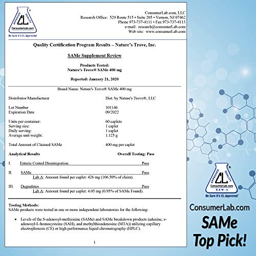 Nature's Trove SAM-e 400mg 30 Enteric Coated Caplets, Vegan, Non-GMO E215047
