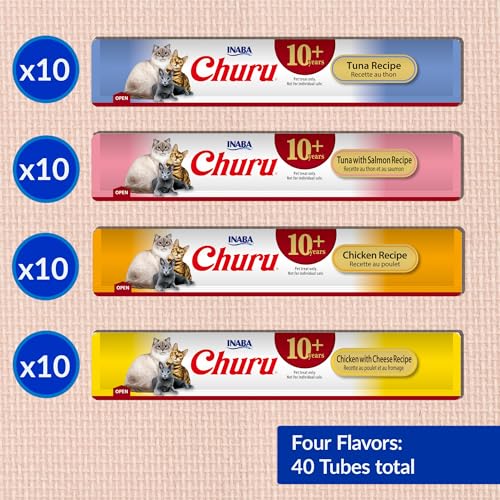 INABA Churu for Senior 10+ Creamy Lickable Cat Treats, Tuna & Chicken, 40 Tubes D3392