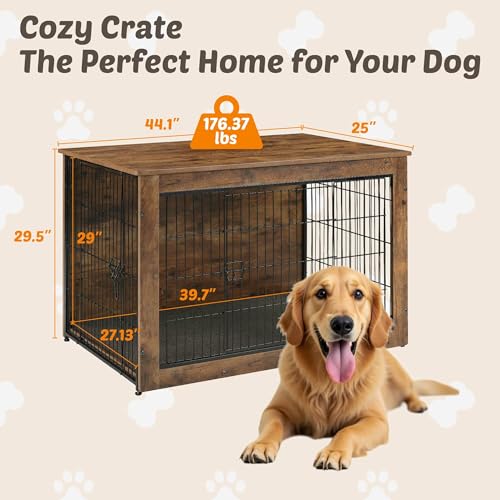 Wooden Dog Crate End Table with Dual Doors, Chew-Proof Design & Cushion, 27 Inch E6718