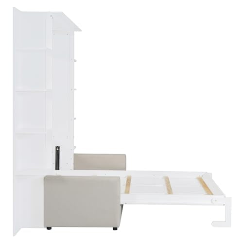 PURLOVE Queen Murphy Bed with Sofa, Wood Slat Support, Gray E27008