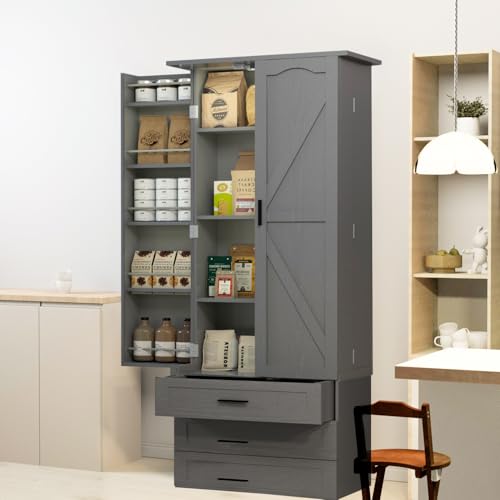 72" LED Kitchen Pantry Cabinet with 3 Drawers and Barn Doors U97073