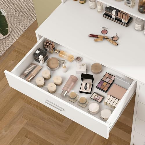 Quimoo Makeup Vanity Desk with Mirror & Lights, 5 Drawers, White Y954