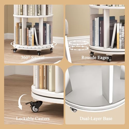 6 Tier Rotating Bookshelf Tower with Swivel Wheels, Solid Wood, Walnut B588