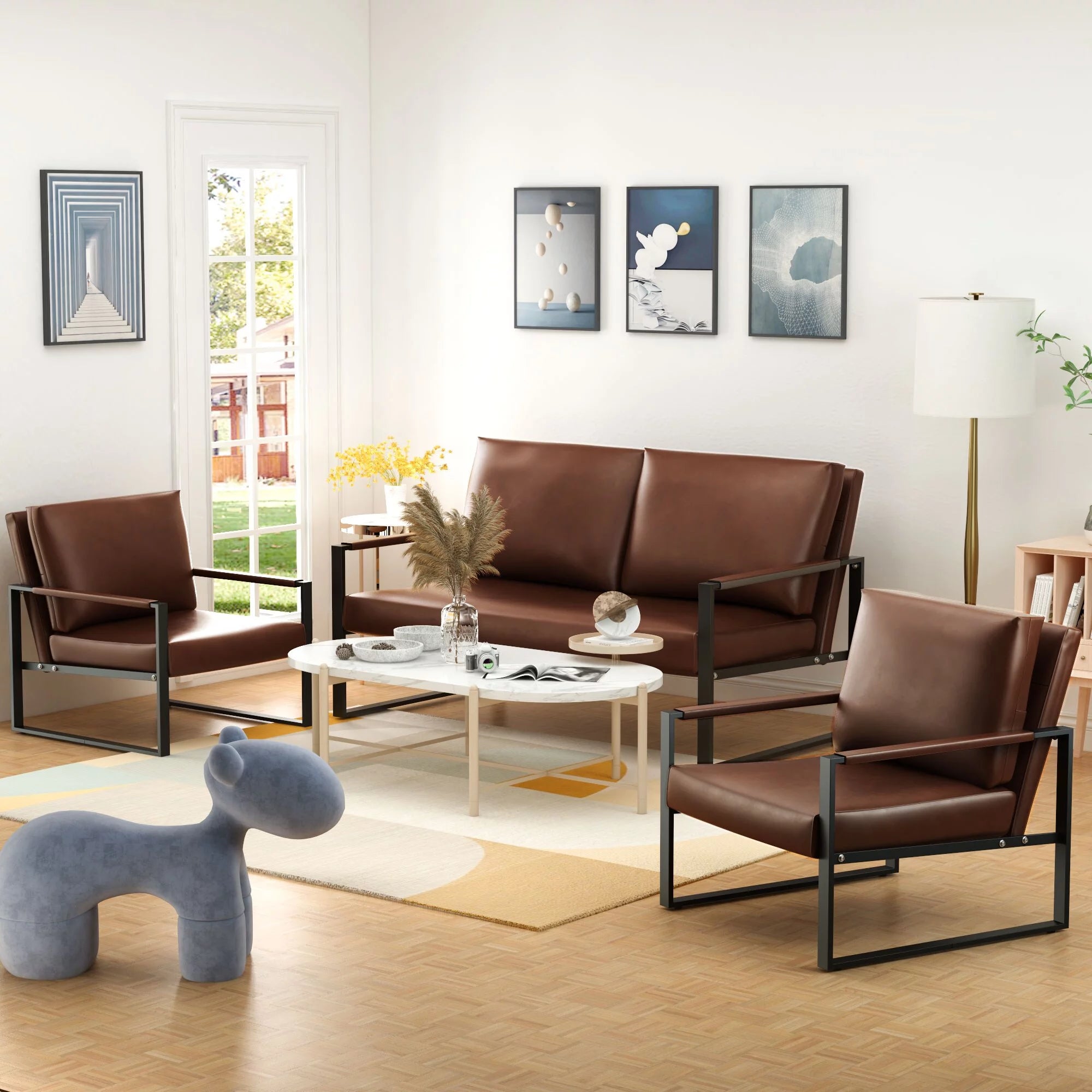 Mieres Mid-Century 3-Piece PU Leather Sofa Set Gray U29696
