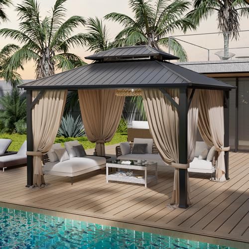 10'x12' Hardtop Gazebo with Galvanized Steel Roof and Privacy Curtains B7308
