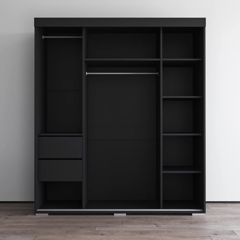 Aria 3 Door 71" Wide Modern High Gloss Wardrobe Armoire, Black with Mirror Fronts J441870