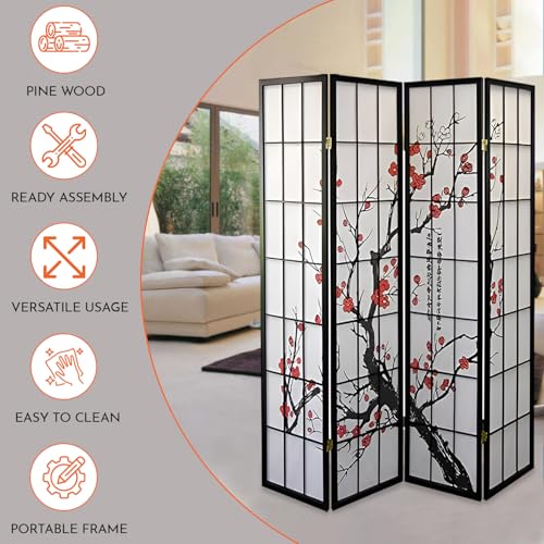 Legacy Decor 4-Panel Blossom Screen Portable Foldable Shoji Room Divider Black K541964