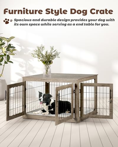 Wooden Dog Crate Furniture with Bed Mat, 32 Inch, 3 Doors, Greige X4054