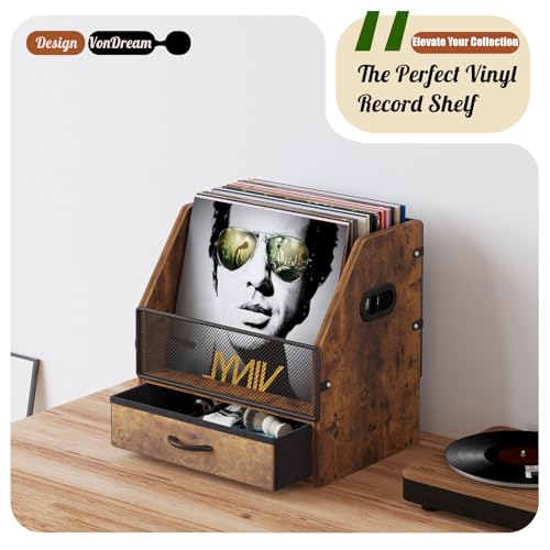 Vinyl Record Storage with Drawer, Metal & Wooden LP Crate, Holds 60 Records (Antique) R566