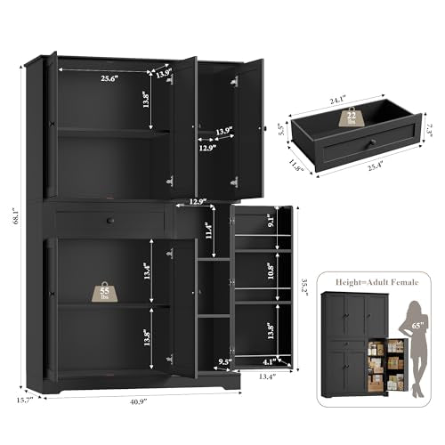 HOSTACK 68" Tall Kitchen Pantry Storage Cabinet with Doors and Shelves, White W23162