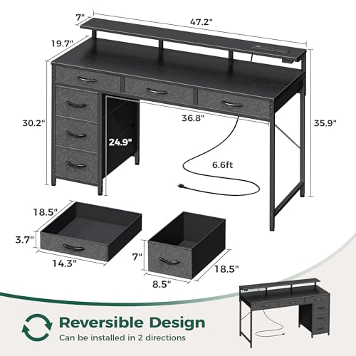 Huuger Gaming Desk with 6 Drawers, LED Lights, 47 Inch, Black N423283