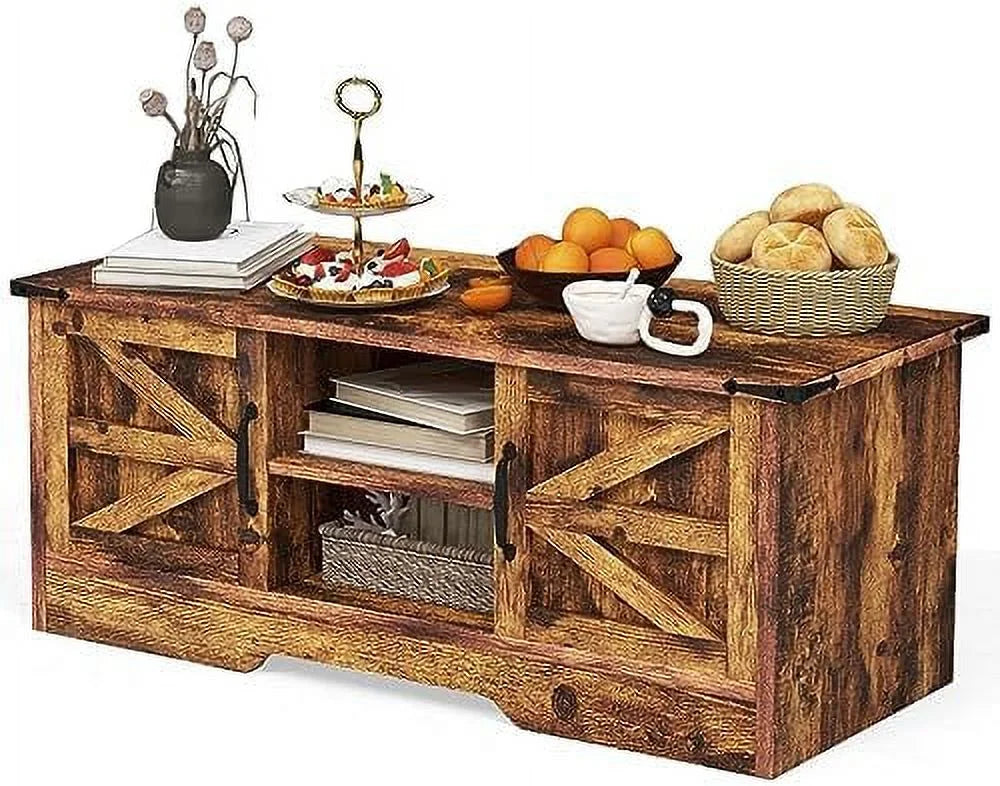 HBBOOMLIFE Coffee Table with Barn Doors, Farmhouse White S2408