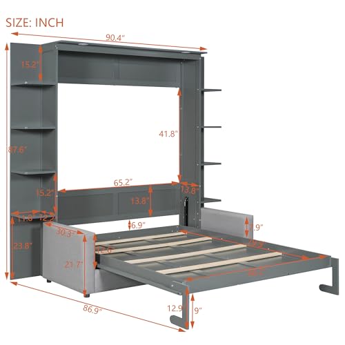 PURLOVE Queen Murphy Bed with Sofa, Wood Slat Support, Gray E27008