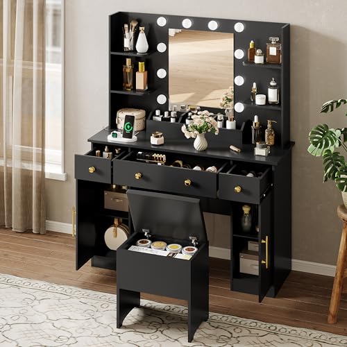 White Vanity Desk with Mirror and Lights, Charging Station and Stool Z6519