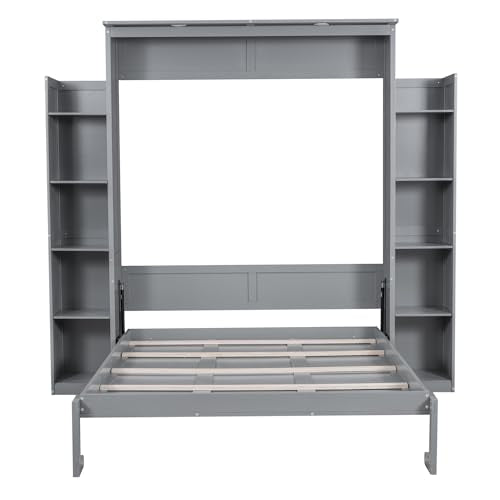 Merax Queen Size Wood Murphy Bed with LED Lights and Shelves, Grey K26344