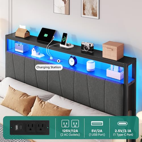 YITAHOME Queen Bed Frame with Storage Headboard, LED, Charging Station, Gray X281055