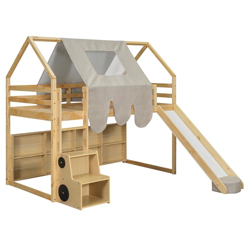 Harper & Bright Designs Kids Twin Low Loft Bed with Slide, Storage Shelves & Stairs, White/Pink C414827