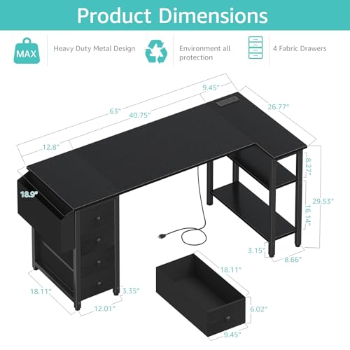 Lufeiya L Shaped Gaming Desk with Drawers & Power Outlet, Black A39519