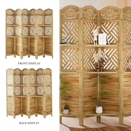 Folding Wood Room Divider with Shelves, 6 Panels, Natural K301