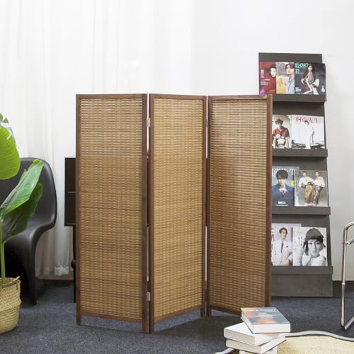 3 Panel Bamboo Room Divider, Double Sided, Brown, 47.2"H E393