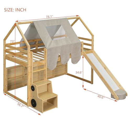 Harper & Bright Designs Kids Twin Low Loft Bed with Slide, Storage Shelves & Stairs, White/Pink C414827