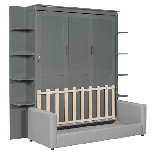 PURLOVE Queen Murphy Bed with Sofa, Wood Slat Support, Gray E27008