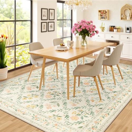 8x10 Floral Washable Area Rug for Living Room, Vintage Soft Non-Slip Carpet Z978379