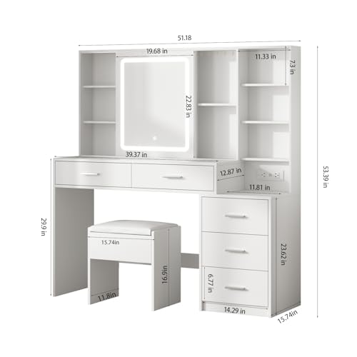 Fameill Vanity Desk with Mirror and Lights, 5 Drawers, Charging Station, White H302
