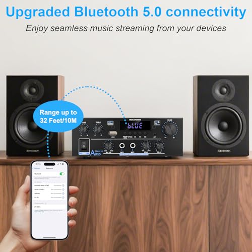 4 Channel Bluetooth 5.0 Stereo Amplifier, 50Wx4 HiFi, Class D Home Audio Receiver with Remote B25174