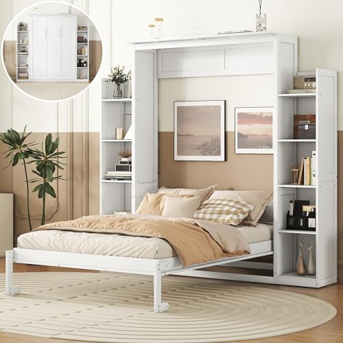 Merax Queen Size Wood Murphy Bed with LED Lights and Shelves, Grey K26344
