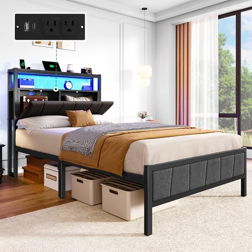YITAHOME Queen Bed Frame with Storage Headboard, LED, Charging Station, Gray X281055