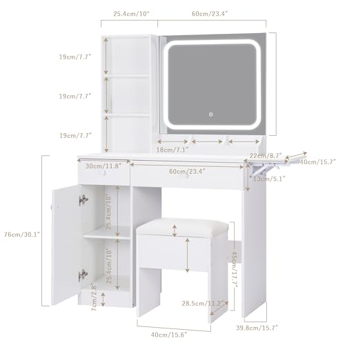 Vanity Desk with Mirror and LED Lights, Charging Station, White A6307