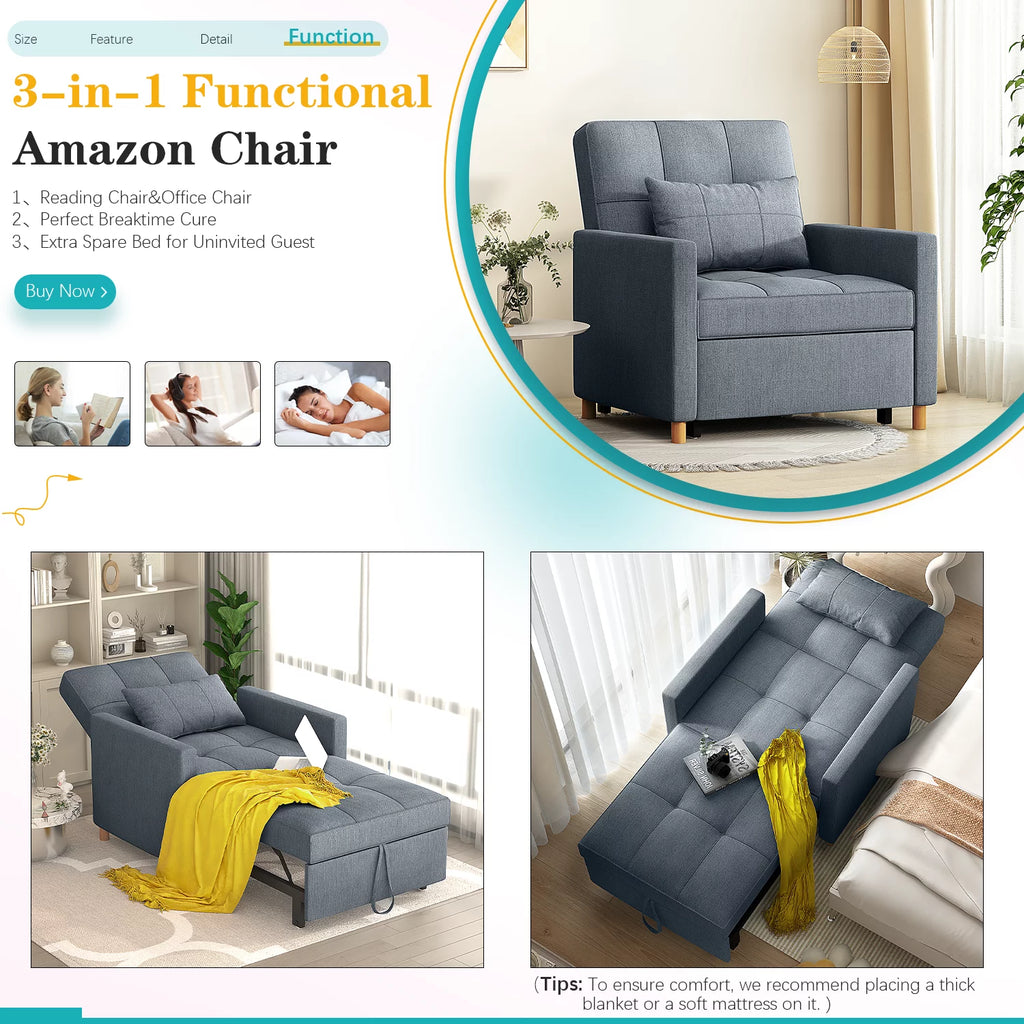 YODOLLA Sleeper Sofa Chair 3 in 1 Pull Out Chair Bed with Pillow, Dark Grey N8421