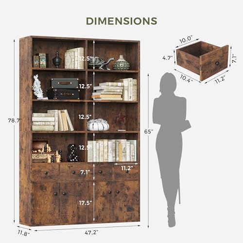 IRONCK 78.7" Bookcase with 4 Drawers and 4 Doors, 6 Tier, Vintage Black Z686086