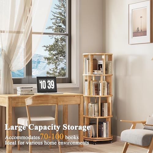 6 Tier Rotating Bookshelf Tower with Swivel Wheels, Solid Wood, Walnut B588