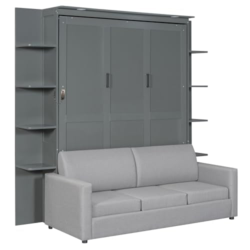 PURLOVE Queen Murphy Bed with Sofa, Wood Slat Support, Gray E27008