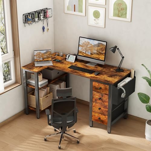 Lufeiya L Shaped Gaming Desk with Drawers & Power Outlet, Black A39519