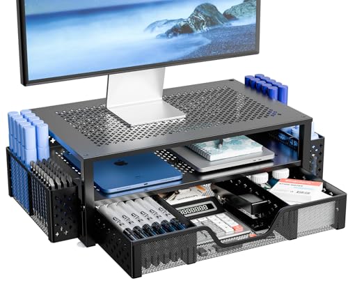 Simple Trending 2 Tier Metal Monitor Stand with Drawer and Pen Holder R17754