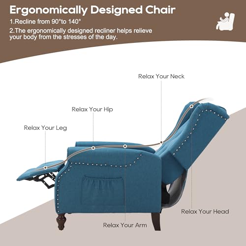 Wingback Recliner Chair with Massage and Heat, Tufted Fabric, Wooden Legs D91574