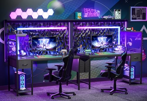TIQLAB Gaming Desk 47 inch with Power Outlet and LED Light, Carbon Fiber Black P5873