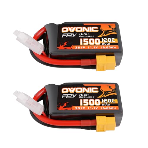 OVONIC Lipo Battery 11.1V 1300mAh 3S with XT60 for RC FPV Drone (2 Pack) Q180