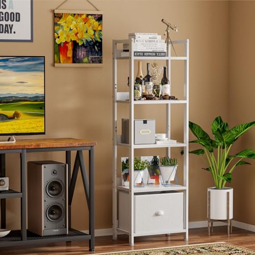 Furologee 5 Tier Bookshelf with Drawer, Industrial Tall Narrow Bookcase, Black T883828